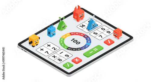 Educational Math Game App on Digital Tablet with Isometric Voxel Monsters, Numbers, and Symbols for STEM Learning and Gamified Childhood Education