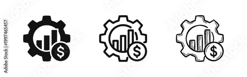 Financial Settings Icons, Gear with Bar Chart Symbols in Solid Outline and Hand-Drawn Styles