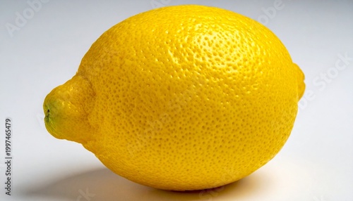 A vibrant yellow lemon sits on a white surface with a subtle shadow.