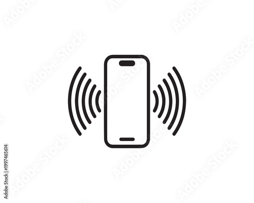 Minimalist black smartphone icon with curved vibration lines on both sides, flat vector style, geometric outline, symbolizing ringing or notification alert on white background