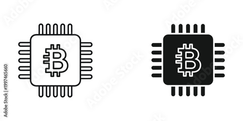 Bitcoin depicted as an integrated circuit chip symbol in two color variations