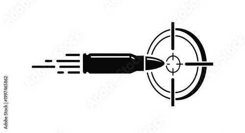 Creative vector graphic illustration showing a fast moving bullet flying directly toward the center of a circular target representing precision aiming success and strategic mission accomplishment
