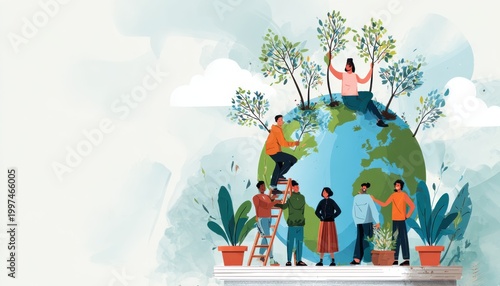 People planting trees on Earth for a sustainable future together