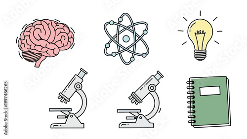 Science Doodle: A collection of hand-drawn science symbols, including a brain, an atom, a lightbulb, two microscope, and a notebook, against a bright background.