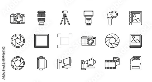 Photography equipment icons representing various tools and accessories for capturing images.