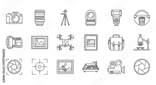 Photography equipment and tools, various camera accessories, studio equipment.