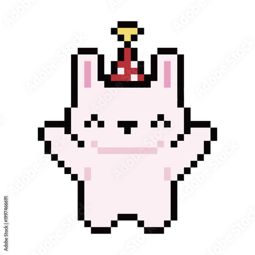 Pixel art cute white rabbit with red party hat illustration