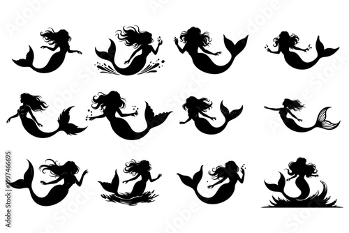 Sea Mermaid Silhouette Vector Set Fantasy Ocean Mermaid Collection