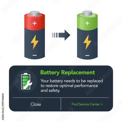 Battery replacement notification UI vector illustration