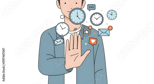Young Man Making Stop Gesture to Social Media Notifications and Floating Clocks,  Inclusive Mental Health Vector, A flat vector illustration depicting a young man in a blue-grey shirt