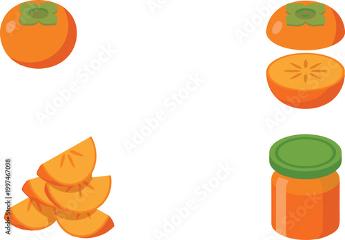 Persimmon Fruit Set with Whole Fruit, Half Cut, Slices and Jam Jar in Flat Vector Illustration Style for Food Design
