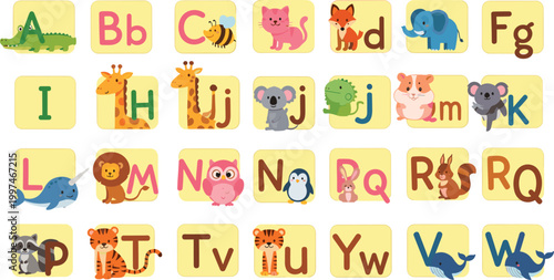 Foto Cute Animal Alphabet Flash Cards with Colorful Letters and Cartoon Zoo Creatures