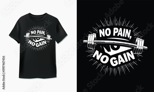 No pain no gain typography t-shirt design with a barbell and eye graphic for gym motivation