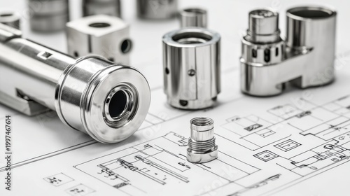 Industrial components arranged on blueprint for design
