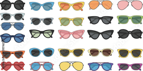 Large collection of colorful trendy sunglasses icons in various shapes including aviator cat eye and heart for summer fashion vector.