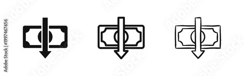 Financial crisis icon set showing a banknote with a downward arrow in silhouette, line, and hand-drawn styles.