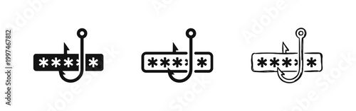 Phishing attack icon set showing a fishing hook stealing a password in silhouette, line, and hand-drawn styles.