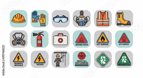 Collection of industrial safety equipment and workplace warning sign icons in flat design