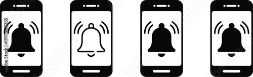 Phone notification icon set, bell notification symbol collection, vector illustration for mobile alerts, messaging updates, app notifications and UI interface design elements.