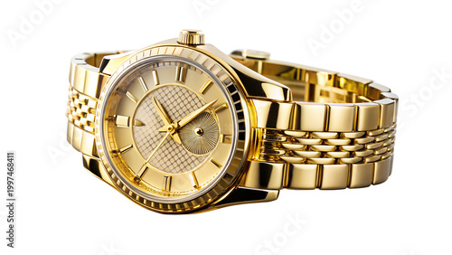 A closeup of a luxury gold and silver metal wristwatch with a white face, isolated on a white background as a classic business accessory for men