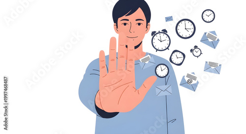 Young Man making Stop Hand Gesture Against Overwhelming Clocks and Email Inbox, 