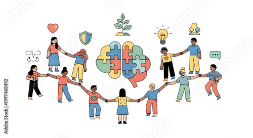 Diverse Community Group Holding Hands for Mental Health Support and Well-being, 