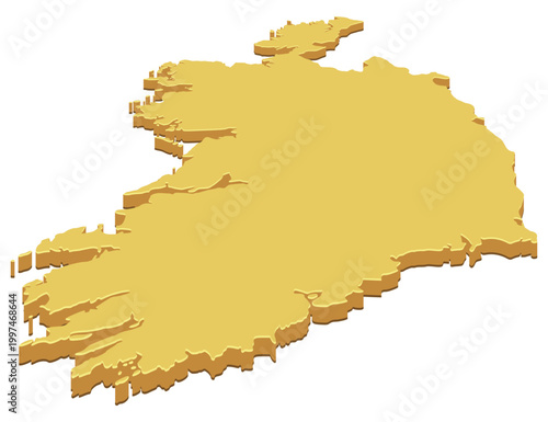 3D isometric map of Ireland in a solid yellow color representing national territory, geographic borders, wealth and sovereign land (cut out)