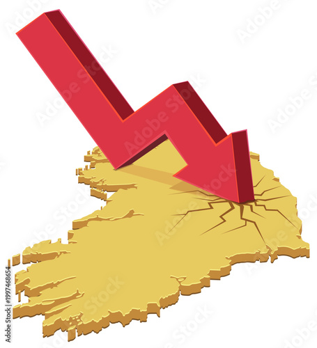 3D isometric map of Ireland struck by a falling red arrow causing cracks, representing economic recession, financial failure and market instability (cut out)
