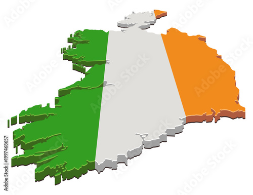3D isometric map of Ireland with the green, white and orange colors of the national flag representing patriotism, tourism and republic sovereignty (cut out)