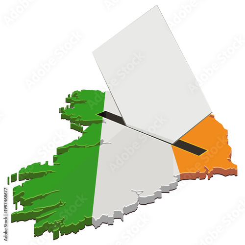 A 3D map of Ireland with national flag colors acting as a ballot box with a white envelope being inserted, symbolizing democracy, referendum and political elections (cut out)