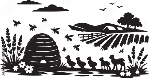 Lavender fields with beehive pollinator silhouette