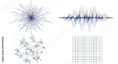 Sound wave and molecular structure graphics.