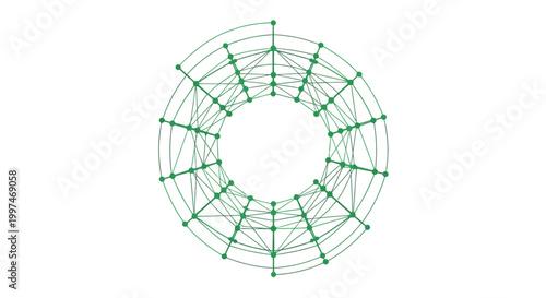 Green wireframe circular network diagram.