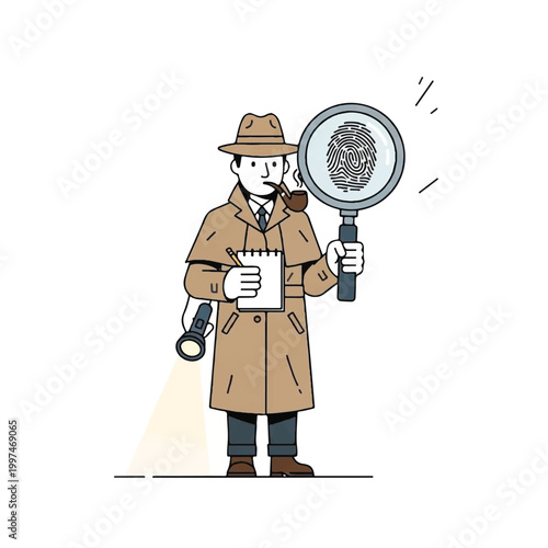 Cartoon detective man with magnifying glass.