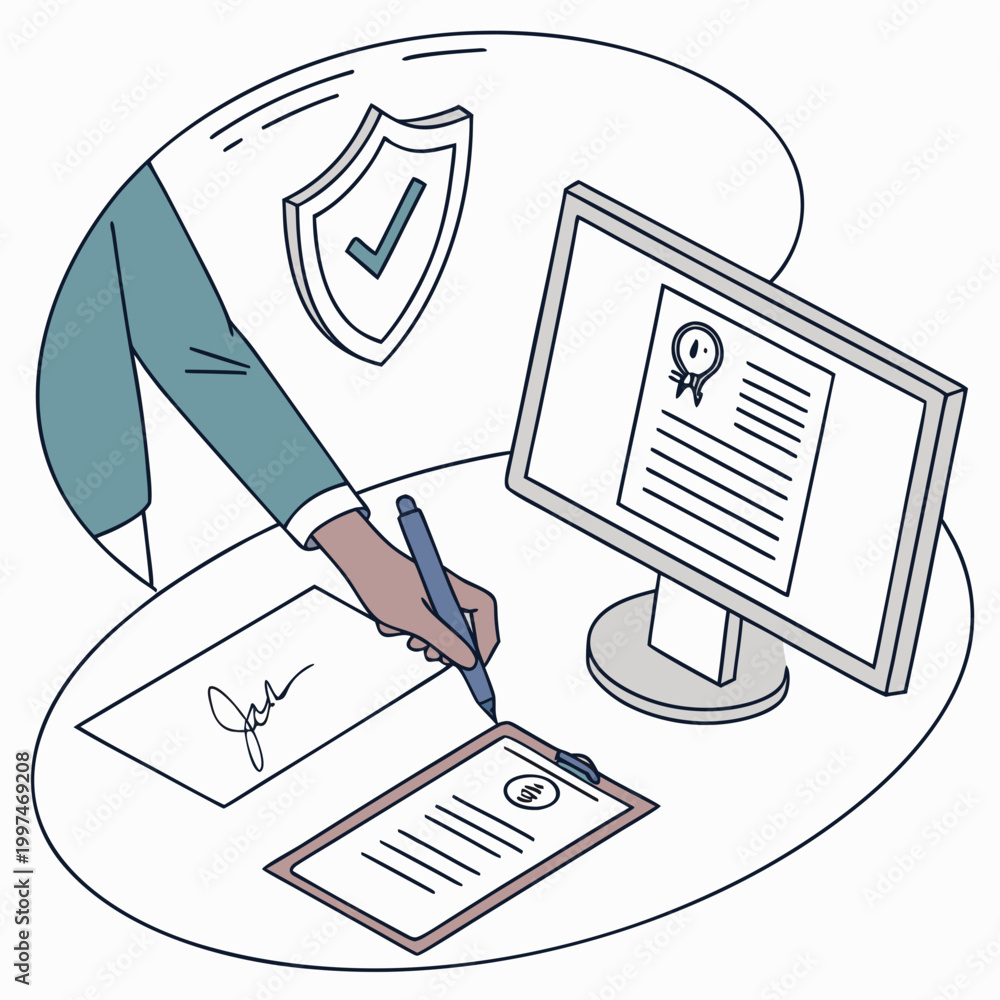 © Tiya - Signing a document on a computer with security icon flat design document contract agreement business signature clipboard computer certificate protection security guarantee verification