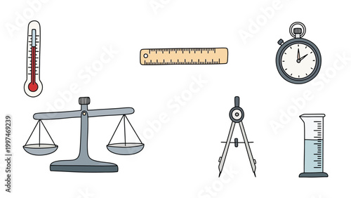 Essential Measurement Instruments: This image features a selection of indispensable tools utilized for precise measurements, including a thermometer, ruler, stopwatch, scales, compass.