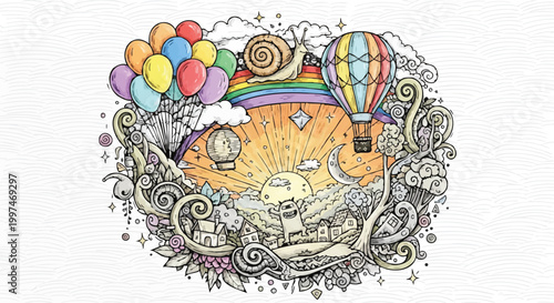 Fantasy Dreamscape Illustration Featuring Balloons Snail and Hot Air Balloon
