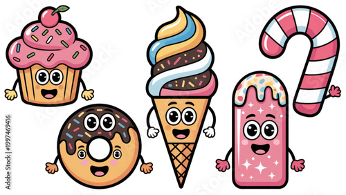 Colorful cartoon ice cream and candy characters in cheerful style Vector