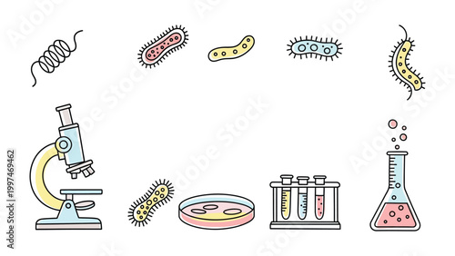 Microbiology Icons: A collection of meticulously crafted line art icons that encapsulate the essence of microscopic exploration and scientific innovation.