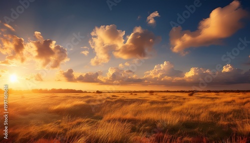 open sky with soft clouds bathed in warm and golden sunlight