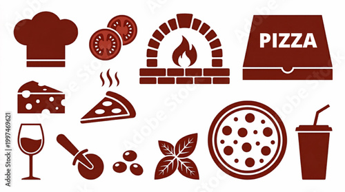 Pizza restaurant icon set, brown pizzeria symbols, 12 vector elements for italian food menu