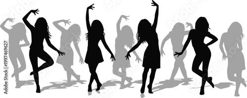 Foto Group of female silhouettes dancing in stylish poses with shadow overlay isolate