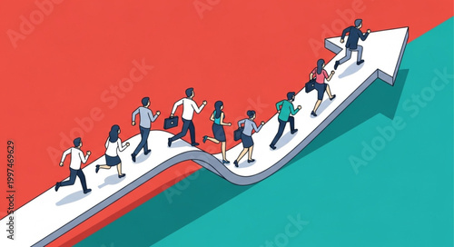 Diverse group of people walking up an upward trending arrow graph.