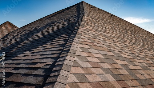 overlapping asphalt shingles in shades of gray and brown forming a durable textured roof surface with distinct shadow lines house modern