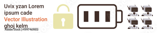 Data security, AI technology, power storage, access control, renewable energy, robotics. A battery with a secure lock and robotic icons. Cybersecurity and AI technology concepts
