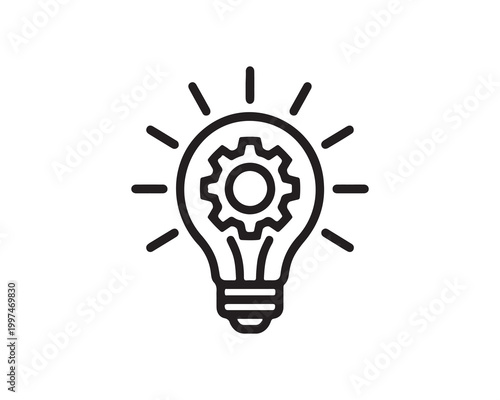  Minimalist black light bulb outline with gear symbol inside, short rays radiating outward, flat vector style, geometric design, symbolizing innovation and technology on white background