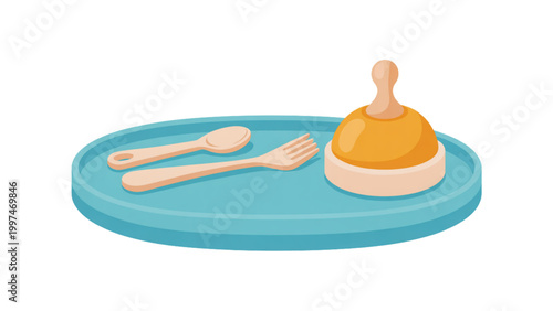 Flat design plate with spoon and small bell-shaped food container Vector