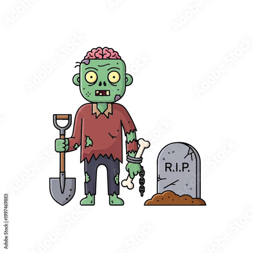 Cartoon zombie holding shovel and bone.