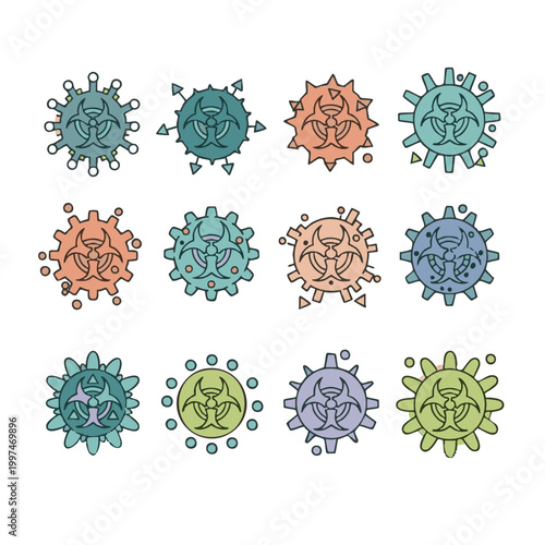 Virus, bacteria, microbe icons, colorful illustrations, 12 elements, vector graphics