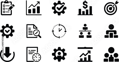 Project management icon set, business teamwork, analysis, planning, development, target, marketing and time management vector collection for workflow organization and corporate productivity design 